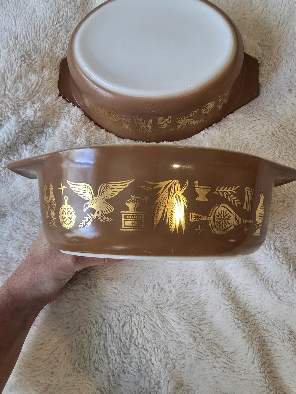 Pyrex Brown Glass Casserole Dishes with Gold Decal Pattern (Set of 2)